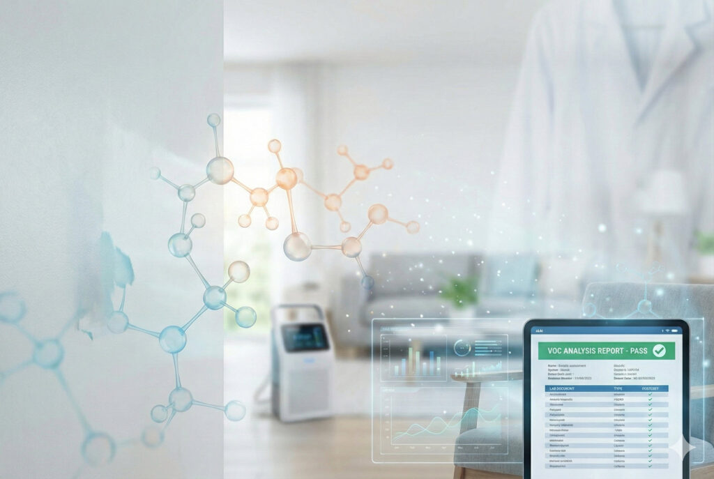 Bright modern interior room, molecular structure overlay rising from furniture, visualizing volatile organic compounds, evaporation concept, clean air vs pollution