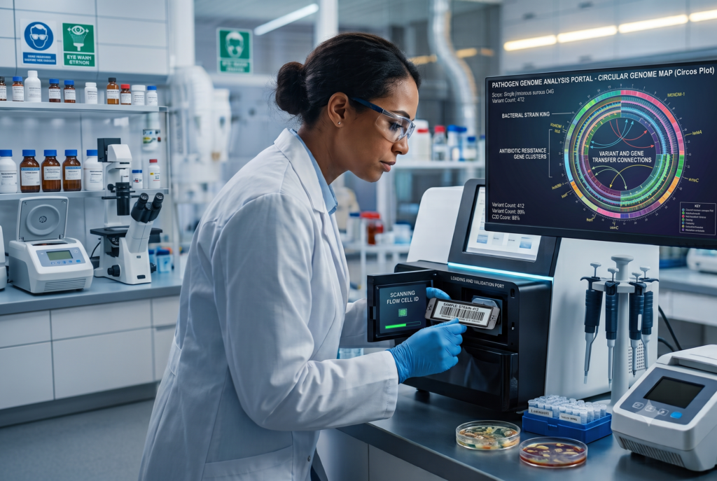 A female scientist in a modern laboratory loads a barcoded flow cell into a DNA sequencing machine next to a monitor displaying a detailed, colorful circular map of a bacterial genome.