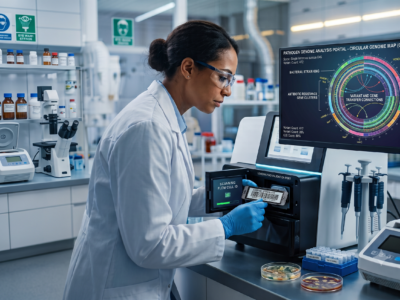 A female scientist in a modern laboratory loads a barcoded flow cell into a DNA sequencing machine next to a monitor displaying a detailed, colorful circular map of a bacterial genome.