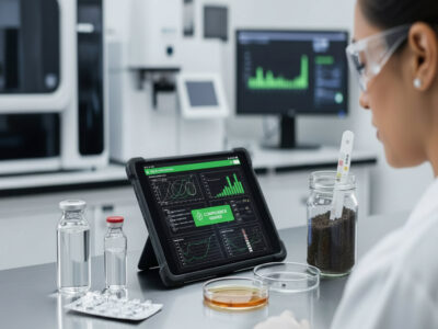A focused contract laboratory scientist, wearing a white coat and safety glasses, reviewing complex data charts on a large, rugged tablet with various samples to be tested placed in petridishes on the lab bench.
