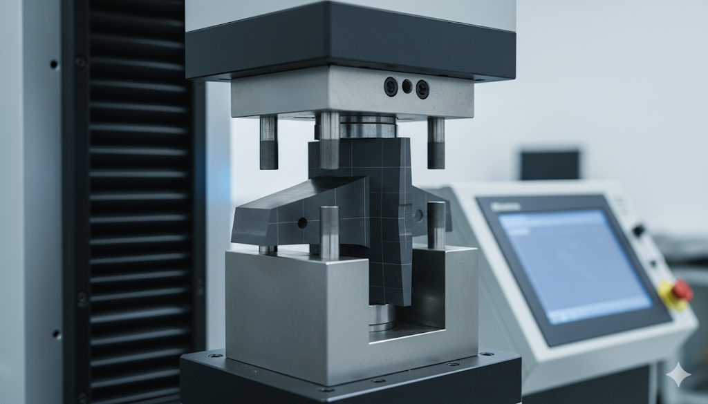 Close-up of ceramic matrix composite (CMC) turbine blade during four-point flexural strength test, verifying mechanical integrity.