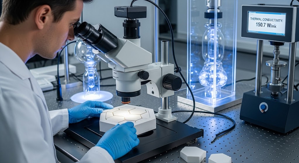 Scientist examining a hexagonal ceramic sample under a microscope, with thermal conductivity equipment in the background.