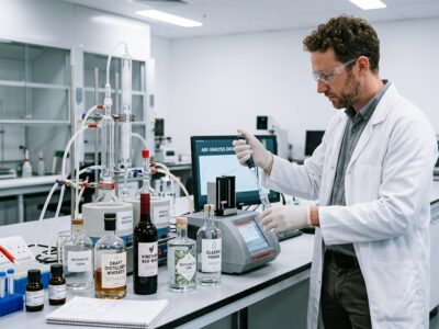 lab technician performing alcohol by volume (ABV) testing