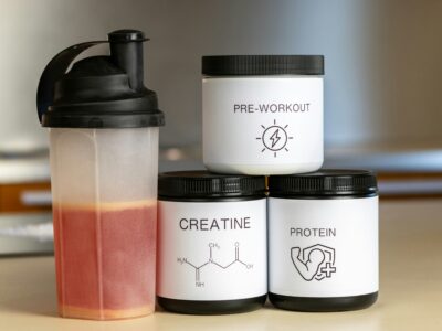 Three containers of dietary and workout supplements stacked beside a blender-bottle with protein shake.