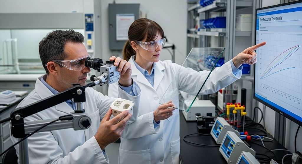 Two scientists in a laboratory testing a glass panel for fire resistance; one examines the glass with a specialized optical device while the other holds the panel and points to a graph of test results displayed on a large monitor.