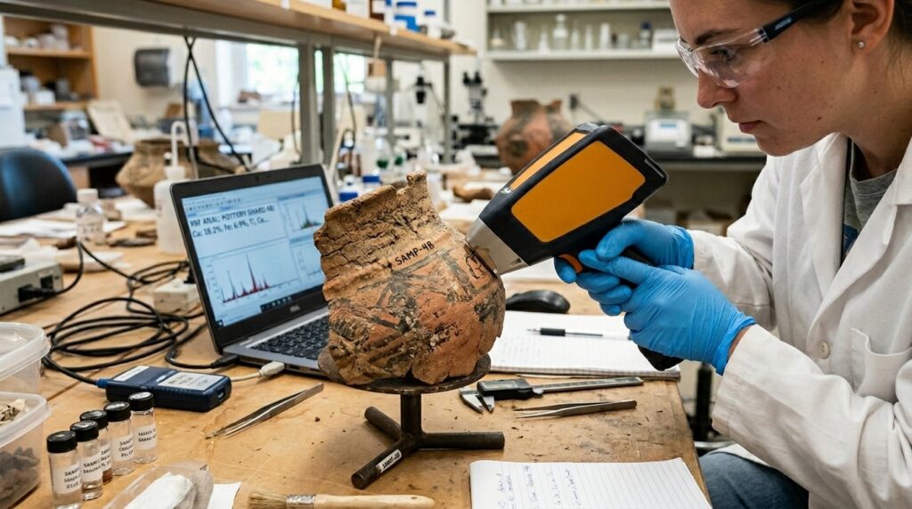 laboratory techician using a handheld XRF to perform archaeology testing on a piece of pottery