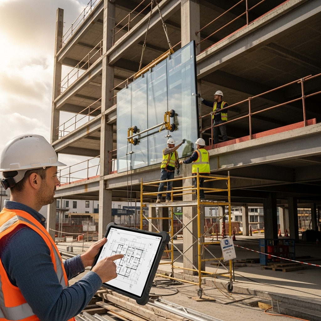 Construction workers installing a large glass panel on a building facade, while a site supervisor reviews architectural plans on a tablet.
