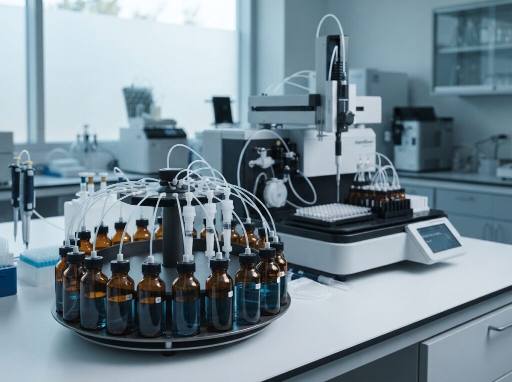 Automated solid-phase extraction equipment processing water samples in an environmental testing laboratory for PFAS analysis.