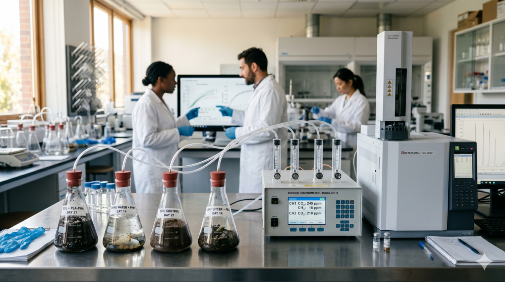 Glass bioreactor flasks filled with soil and water samples are connected via tubing to high-tech gas analysis equipment, while a team of scientists analyzes data in the background.