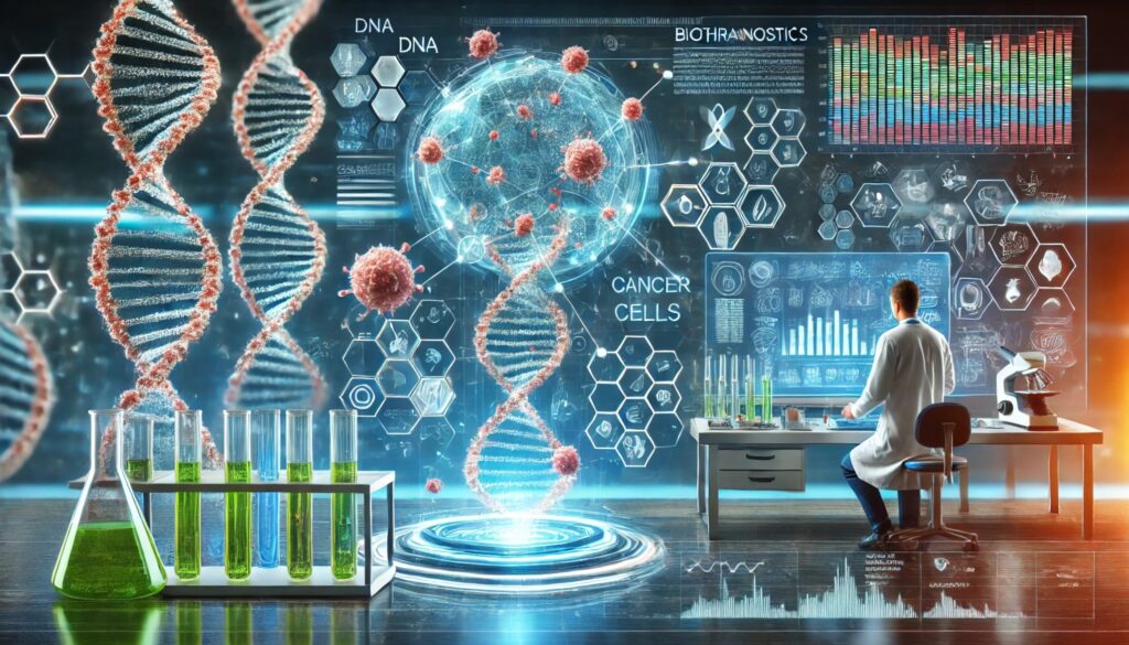 a collage of scientific elements including DNA and cancer cells illustrative of biotheranostics
