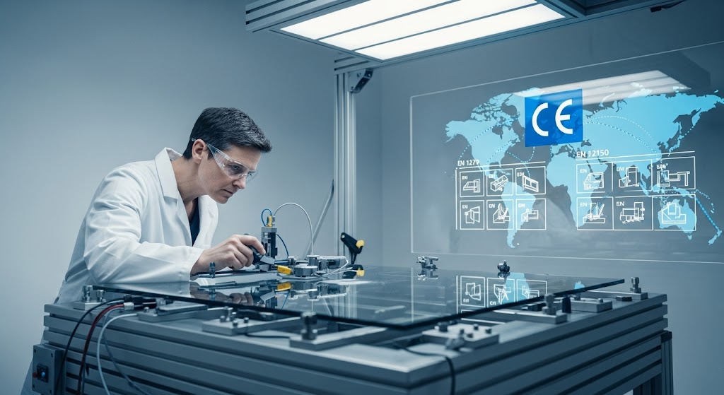 A laboratory technician in a white coat and safety glasses inspects a large glass panel on a testing table, with a projected display showing a world map, CE marking symbol, and various EN standard icons.