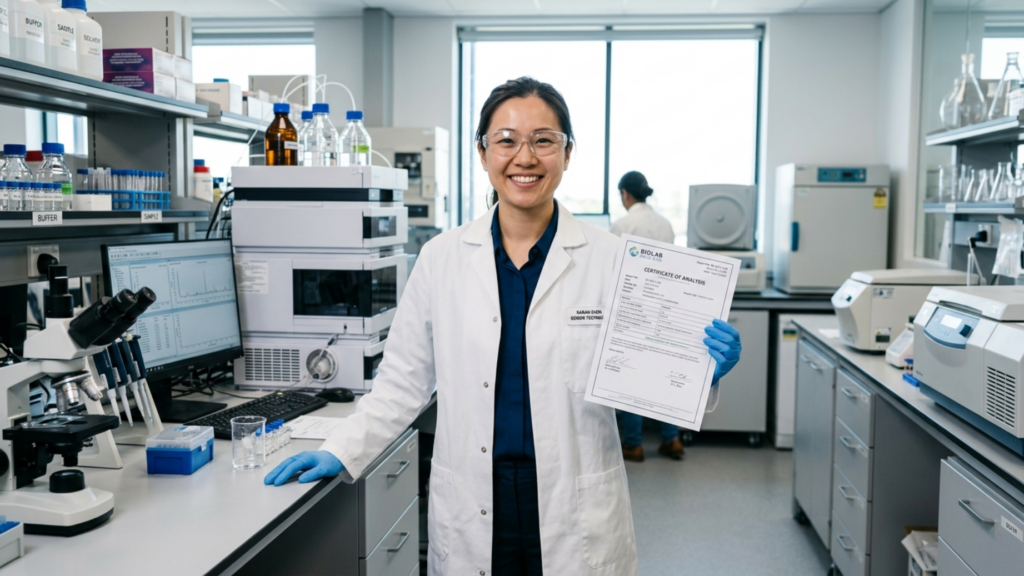 Female laboratory technician in modern laboratory holding a certificate of analysis