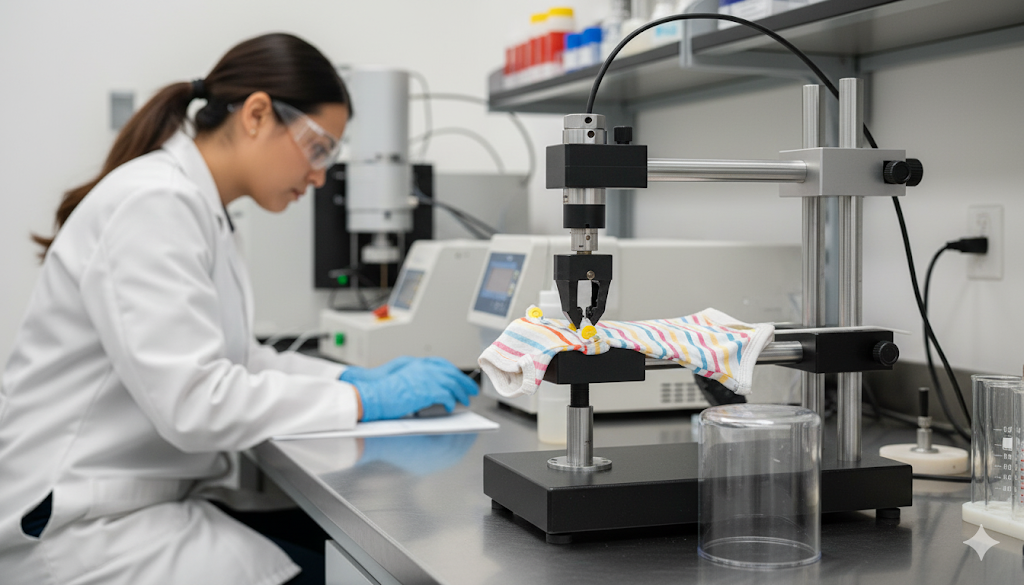 Realistic photo of a children's garment undergoing small parts or tension testing in a CPSC-accredited laboratory.