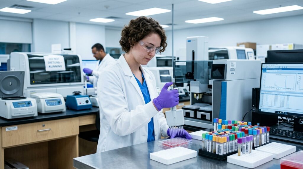 Laboratory technician pipetting in a clinical reference laboratory
