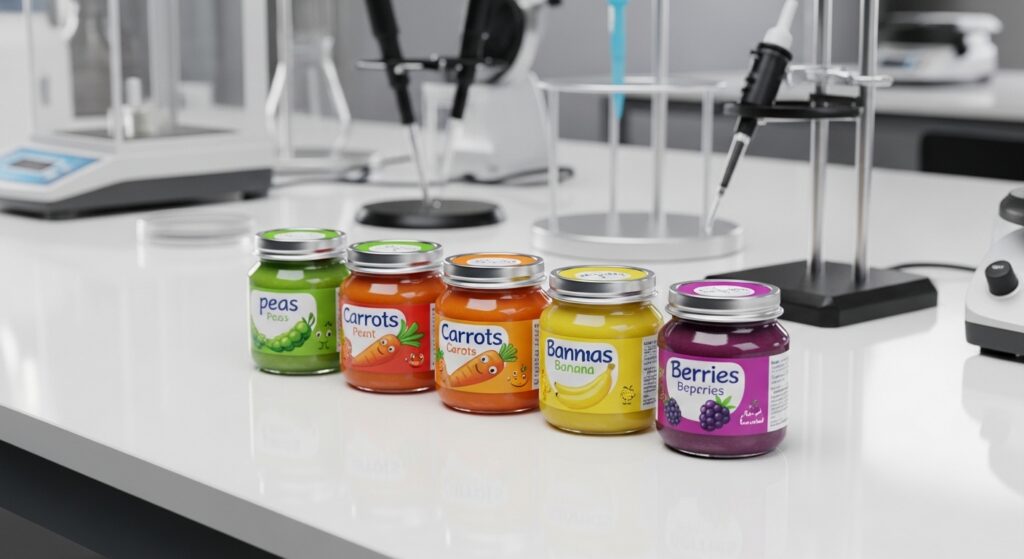 baby food jars on a modern lab bench illustrating the closer-to-zero mandate in food testing