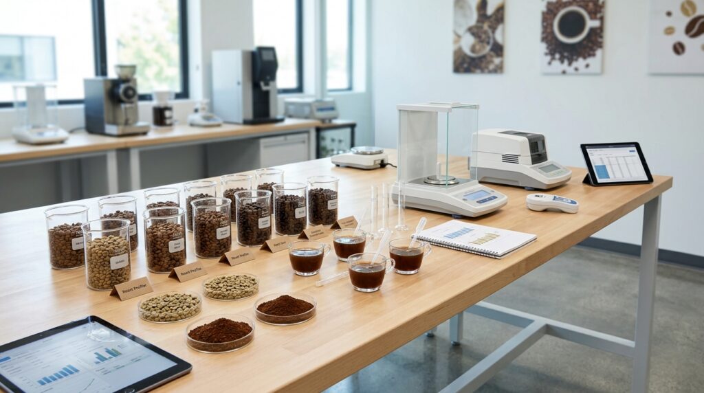a modern laboratory with various containers of coffee and coffee beans ready for testing
