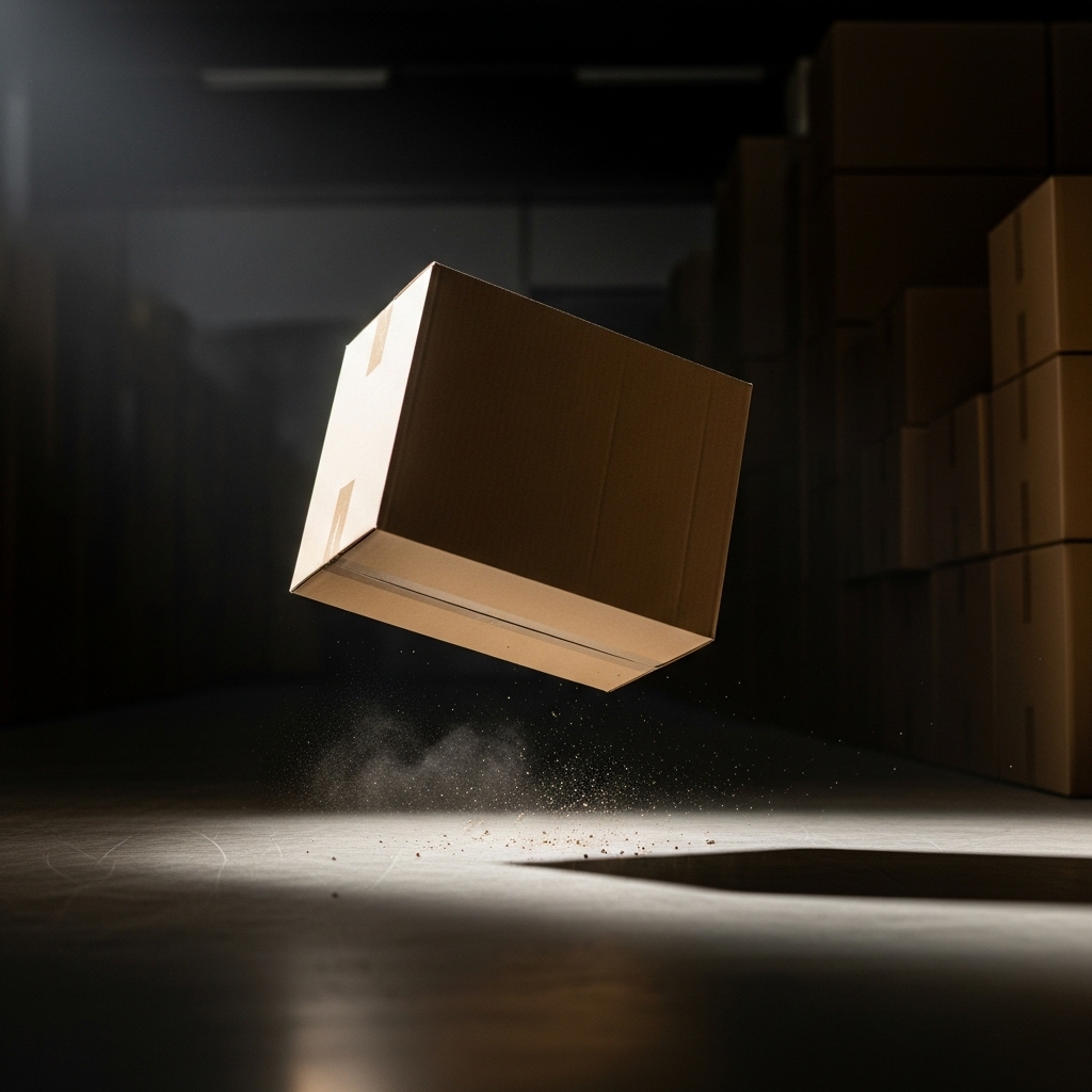 A cardboard shipping box is captured mid-air during a drop test in a dimly lit warehouse, with dust and debris scattering on impact, surrounded by stacks of other boxes in the background.