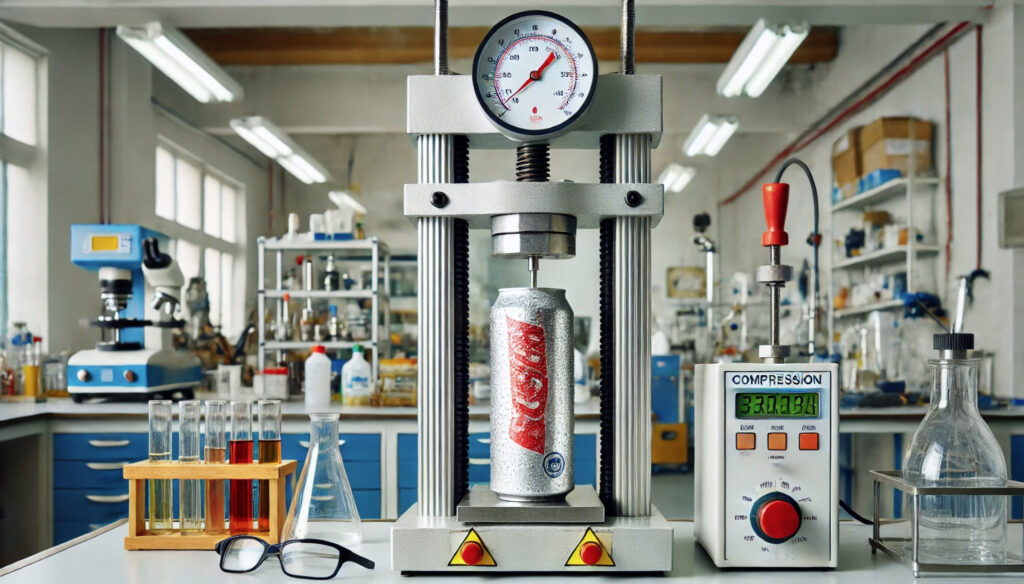 illustration of a beverage can undergoing crush testing in a laboratory setting.