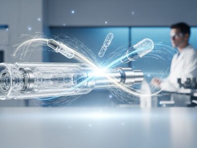 Alt text: A laboratory scientist works with a transparent cylindrical medical device, overlaid with digital graphics of capsules and energy flows, symbolizing pharmaceutical innovation under the Cures Act.
