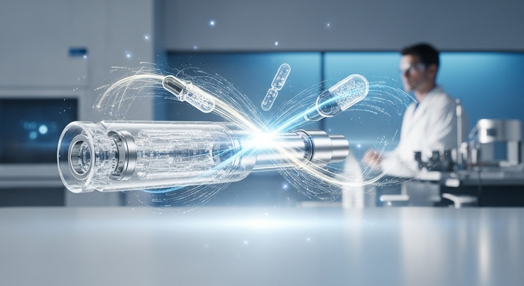 Alt text: A laboratory scientist works with a transparent cylindrical medical device, overlaid with digital graphics of capsules and energy flows, symbolizing pharmaceutical innovation under the Cures Act.