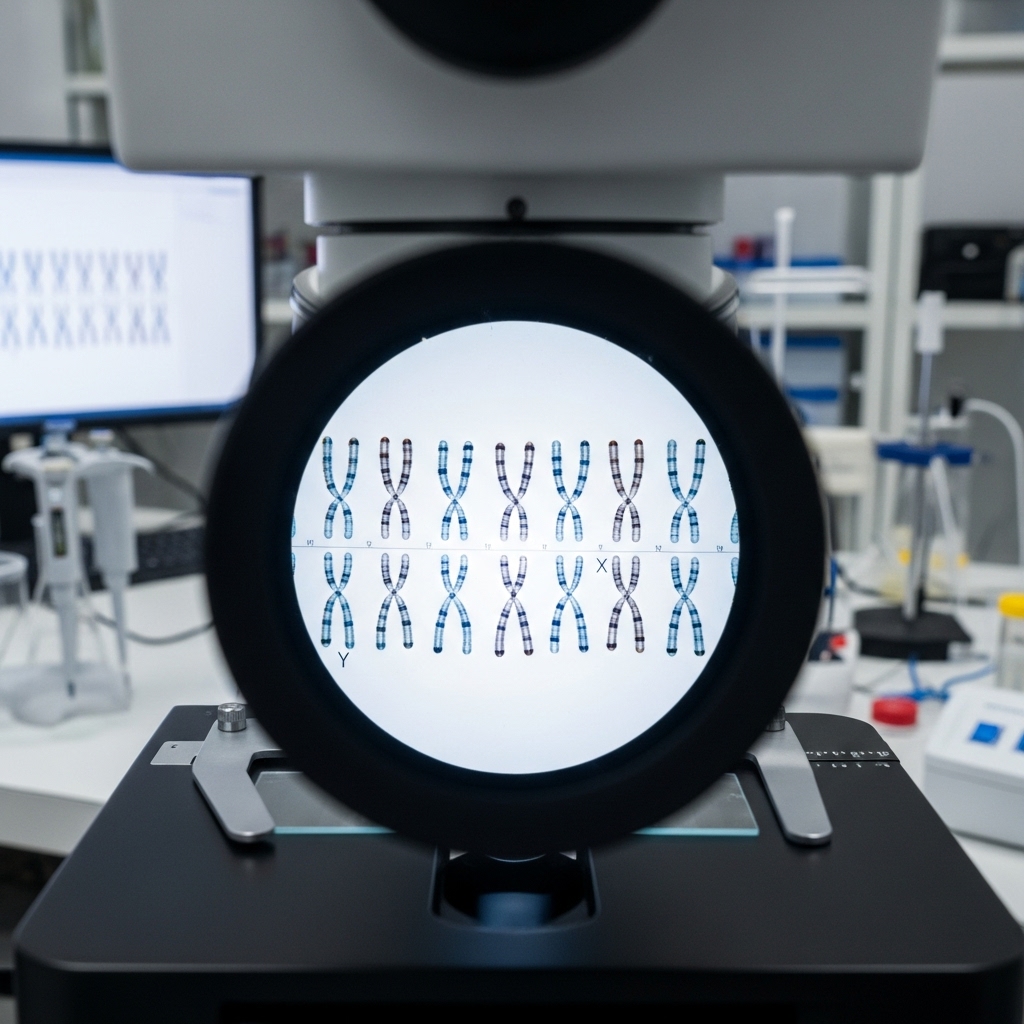 A close-up view through a microscope showing magnified human chromosomes arranged in pairs for analysis, with a laboratory environment and computer screens blurred in the background.