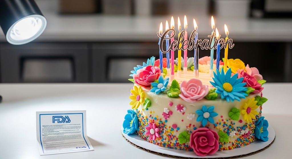 Decorated cake, sugar flowers, sprinkles, candles, "Celebration" cake topper, FDA regulations document, bakery counter.