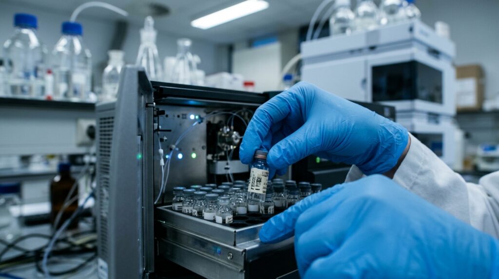 Gloved hands loading a sample vial into an LC-MS/MS autosampler tray in a pharmaceutical analytical laboratory