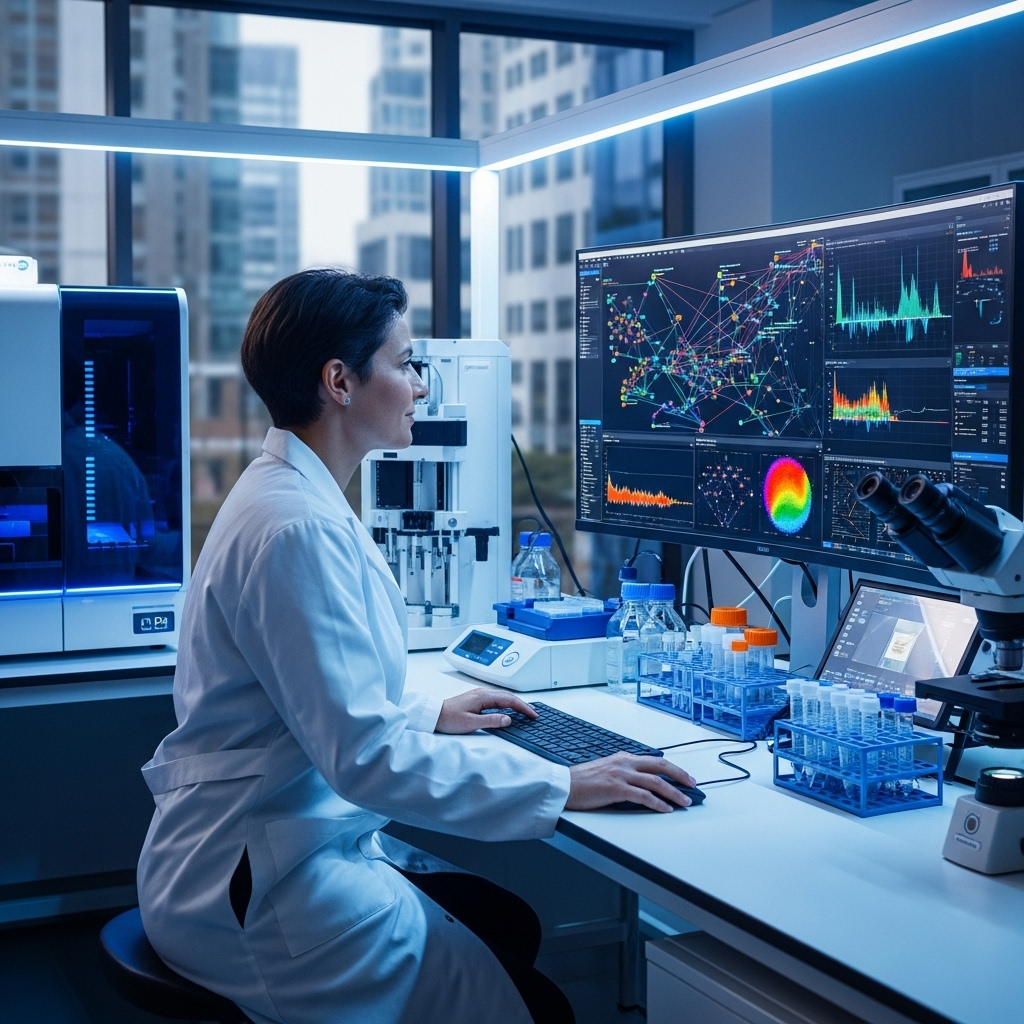 A scientist in a white lab coat works at a laboratory desk with test tubes and scientific equipment, analyzing complex visual data on multiple large monitors, including network graphs and charts, representing DNA and RNA isolation research.