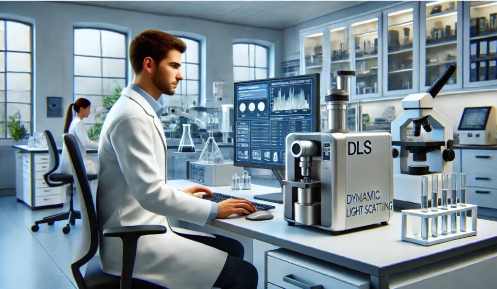 image showing a scientist working with a Dynamic Light Scattering (DLS) instrument in a modern laboratory. The scene highlights the advanced equipment and organized workspace typical of contemporary research environments.