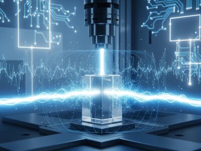 Close-up of advanced electrical testing on a glass or ceramic component, with glowing blue energy waves and circuit diagrams in the background.