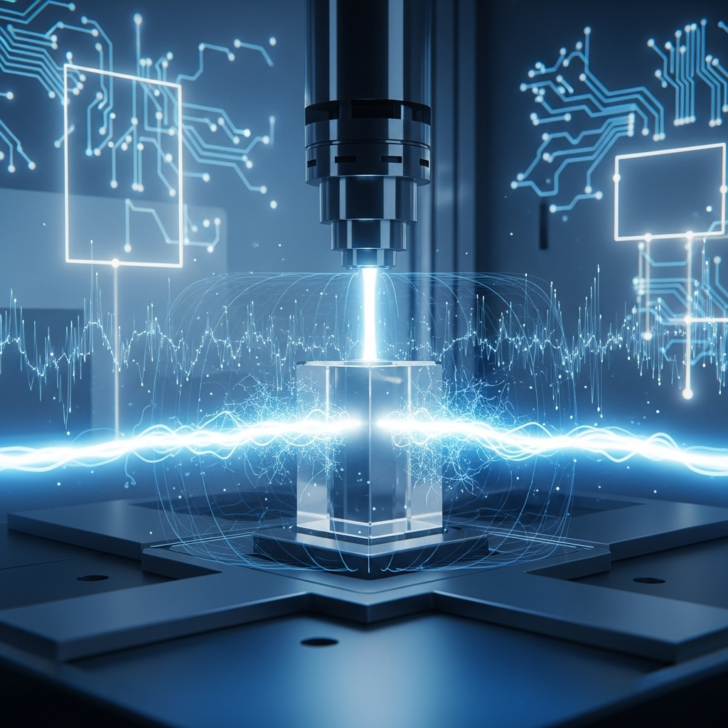 Close-up of advanced electrical testing on a glass or ceramic component, with glowing blue energy waves and circuit diagrams in the background.