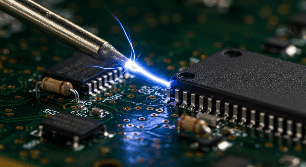 Electrostatic Discharge (ESD) Testing: Soldering iron with blue electrostatic discharge on a circuit board with electronics components.