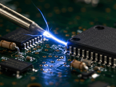 Electrostatic Discharge (ESD) Testing: Soldering iron with blue electrostatic discharge on a circuit board with electronics components.