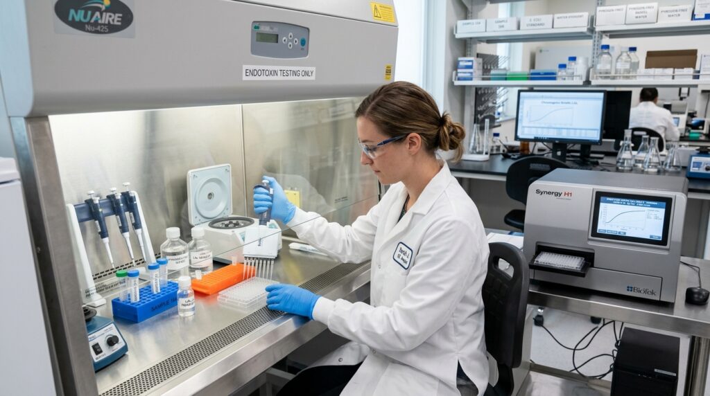 lab technician performing endotoxin testing in a biological safety cabinet