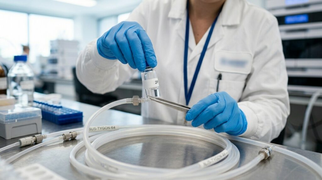 Close-up photorealistic shot of an extractables and leachables testing procedure in a biopharma quality control lab. A technician carefully handles a sample vial next to a piece of single-use tubing.