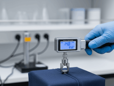 Snap pull test being performed on a button with a digital force gauge in a quality control lab.