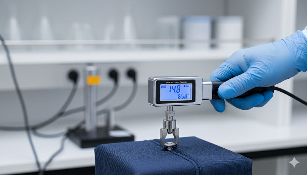 Snap pull test being performed on a button with a digital force gauge in a quality control lab.