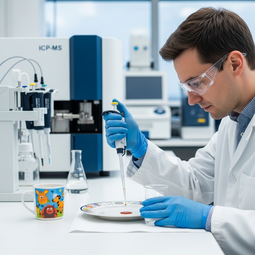 Scientist in a lab coat and gloves using a pipette to apply a liquid sample onto a plate, testing for FDA and CPSCP food contact regulation compliance.