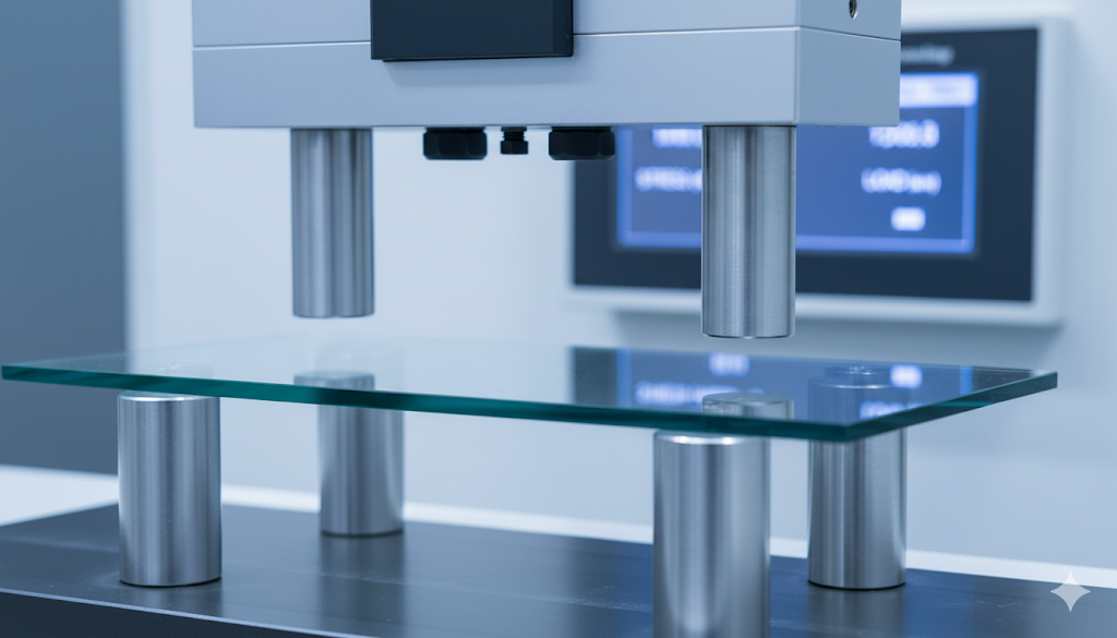 Tempered glass undergoing four-point bending test in a lab