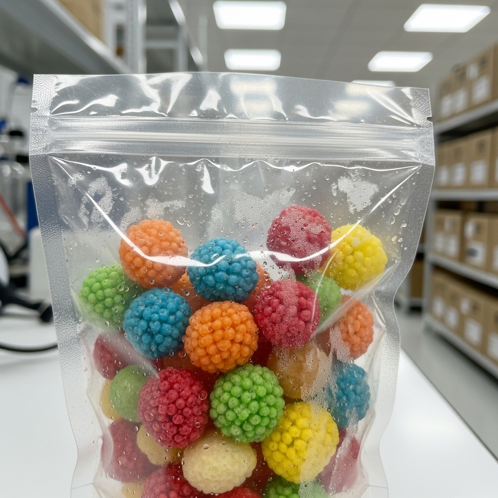 A clear resealable plastic pouch filled with colorful, textured candy spheres in shades of red, orange, yellow, green, and blue, with visible condensation droplets inside, photographed in a laboratory or warehouse setting with shelves and boxes in the background.