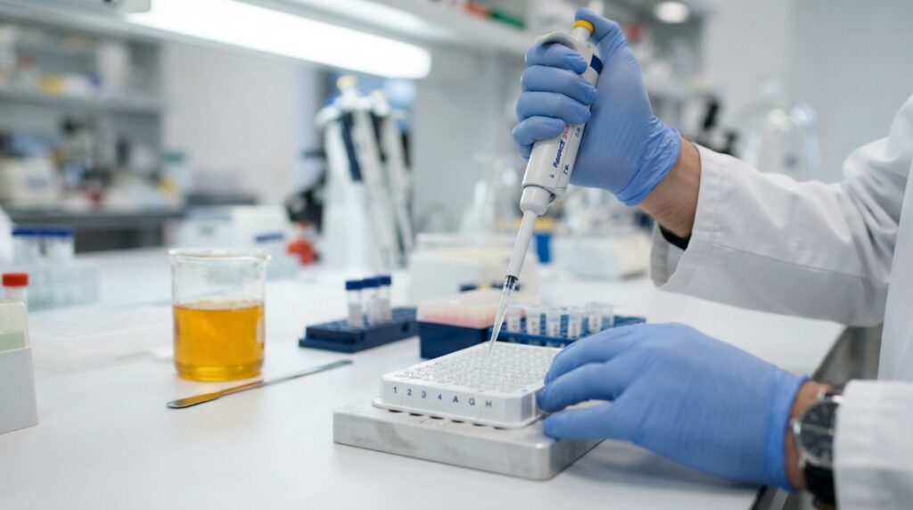 Gloved lab technician loading a DNA sample into a PCR plate for food authenticity testing