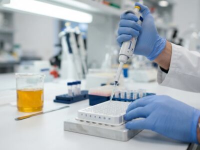 Gloved lab technician loading a DNA sample into a PCR plate for food authenticity testing