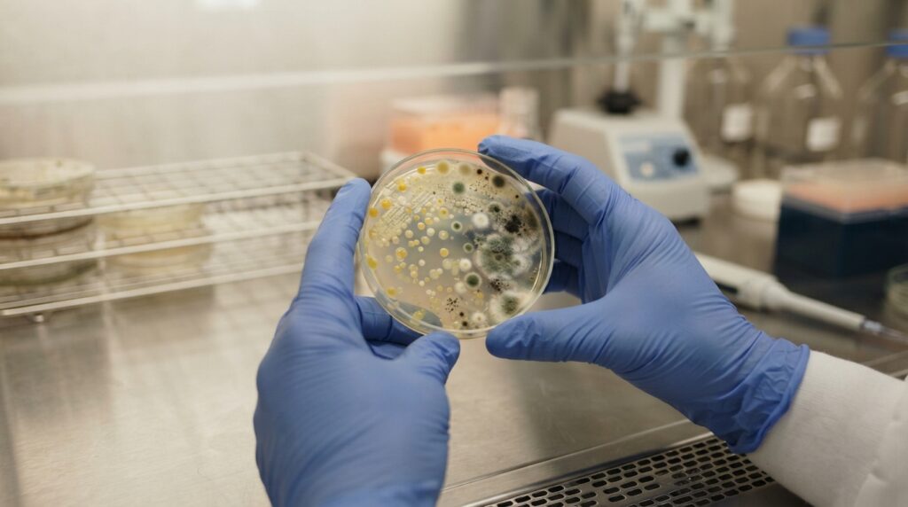Gloved lab technician holding a petri dish with visible mold and bacterial colonies on a stainless steel bench in a food microbiology testing lab