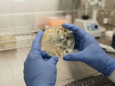 Gloved lab technician holding a petri dish with visible mold and bacterial colonies on a stainless steel bench in a food microbiology testing lab