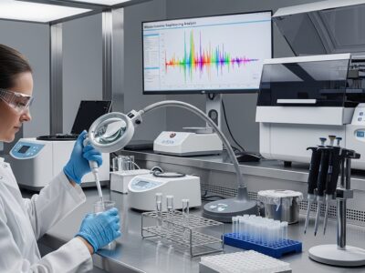 Scientist in a lab performing liquid handling with a pipette, surrounded by test tubes and lab equipment, with a computer displaying colorful sequencing data.