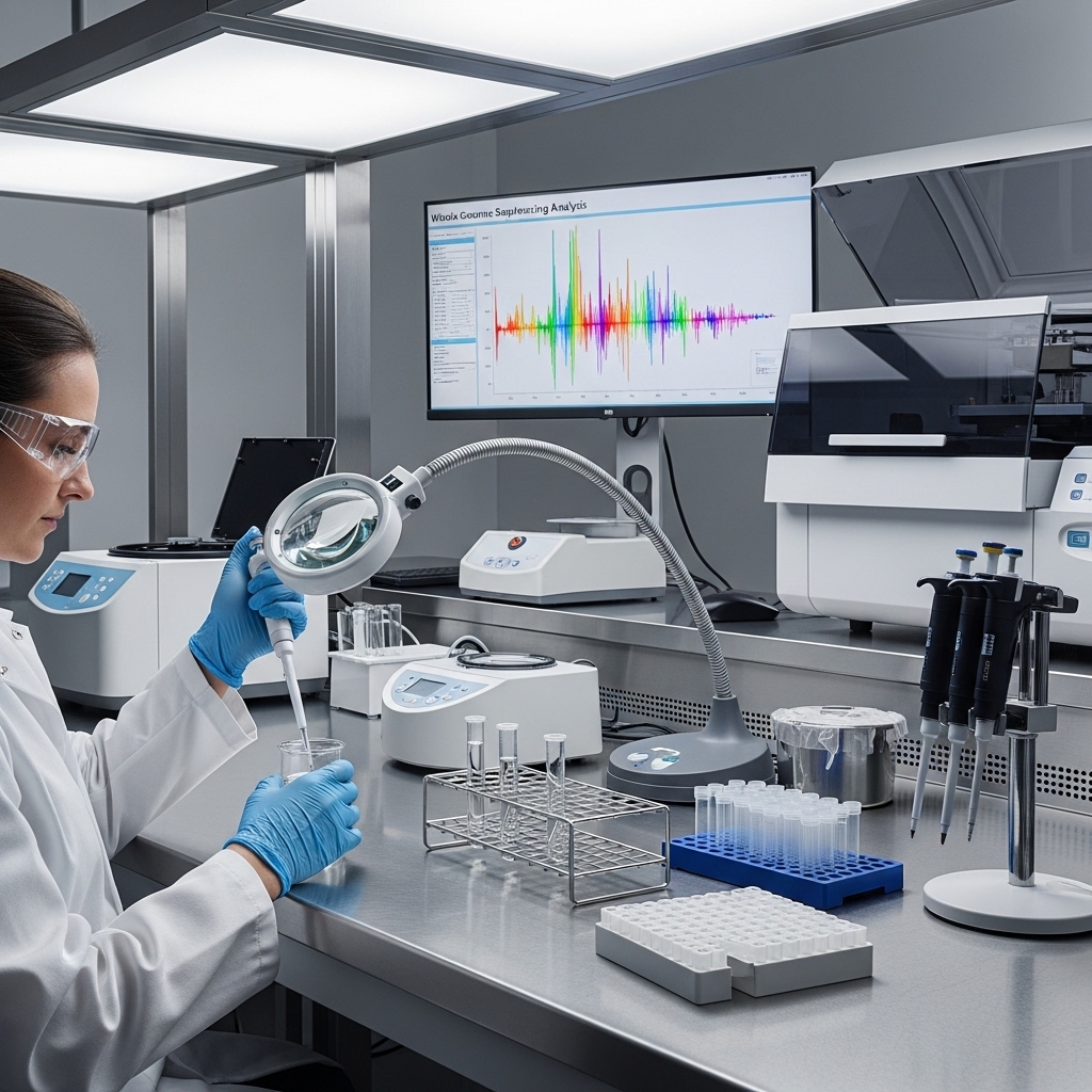Scientist in a lab performing liquid handling with a pipette, surrounded by test tubes and lab equipment, with a computer displaying colorful sequencing data.