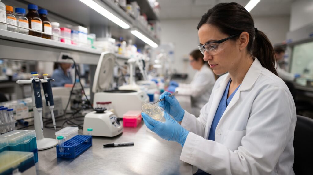 Laboratory technician in a white lab coat and nitrile gloves examining a petri dish culture on a stainless steel bench in a food safety testing laboratory