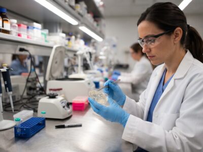 Laboratory technician in a white lab coat and nitrile gloves examining a petri dish culture on a stainless steel bench in a food safety testing laboratory