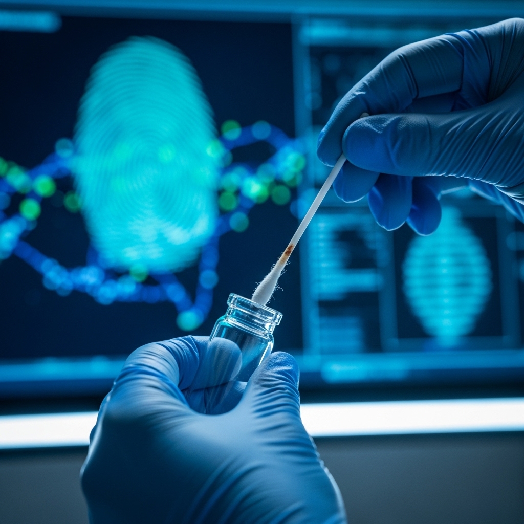 Close-up of a gloved hand placing a swab into a small glass vial, with a blurred computer screen in the background showing a large digital fingerprint and a DNA double helix, symbolizing forensic and identity testing in a laboratory.