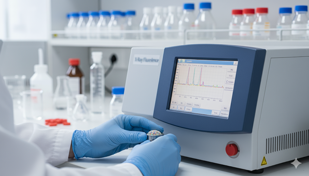 Lab technician testing ceramic frit with XRF spectrometer